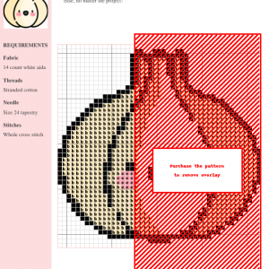 Cross-stitch pattern of a cute garlic bulb, featuring a beige garlic clove and red accents. The design uses whole cross stitch.