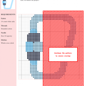 Cross-stitch pattern of a charming clip, featuring light blue and dark grey threads on white aida fabric. The design is simple yet elegant.