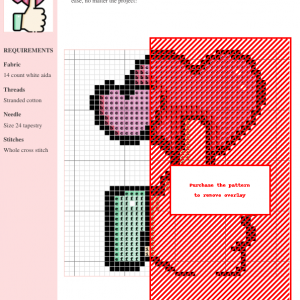 Cross-stitch pattern featuring a pink and red heart design with a small green element, suitable for Valentine's Day or romantic projects.