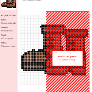 Cross-stitch pattern of adorable brown boots, perfect for beginner stitchers. The design utilizes brown and red threads on white aida fabric.
