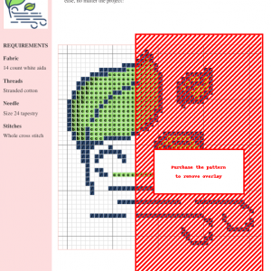 Cross stitch pattern chart depicting a whimsical wind design with green, orange, and blue threads on white aida cloth. The design features leaves and a stylized wind pattern.