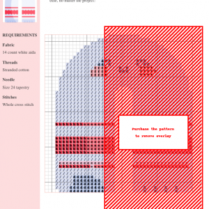 Cross stitch pattern depicting a stylized Rusnyk, featuring muted blues, pinks, and reds on white aida cloth. The design includes clear stitch symbols for easy following.