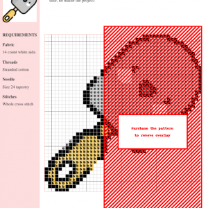 Cross stitch pattern of a cute shovel, featuring red, beige, and gray threads on white aida fabric. Instructions included.