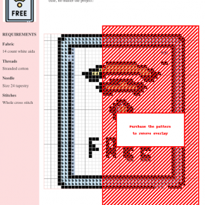 A cross-stitch pattern showcasing a modern design of the words 'Free WiFi', featuring a blend of red and light blue threads on white Aida fabric.