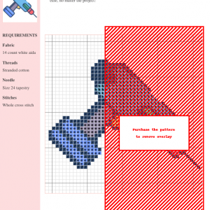 Cross stitch pattern depicting a vintage drilling machine in shades of blue, purple, and orange on 14-count white Aida fabric.