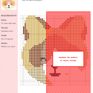 Cross stitch pattern of a snowshoe, featuring a charming design with beige and brown threads on white aida fabric. DMC and Anchor thread colors are specified.