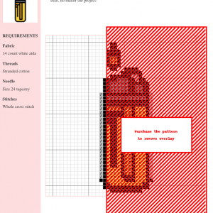 Cross-stitch pattern of a lighter, featuring reds, oranges, and grays on 14-count white aida fabric.