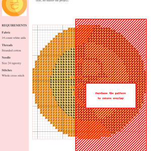 Cross stitch pattern of a Ukrainian Hryvnia coin, featuring orange and brown threads on white aida cloth. The design is partially obscured by a red overlay.