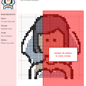 Cross stitch pattern depicting a charming bride, ideal for wedding-themed crafts. The design features various shades of red, gray, and white.