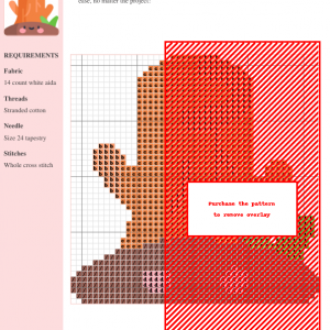 Cross stitch pattern depicting a charming lumberjack design in warm brown and red tones. The pattern includes a key and materials list.