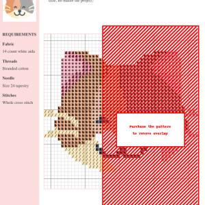 Cross stitch pattern of a charming calico cat, featuring a detailed color chart and materials list.