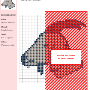 Cross stitch pattern of an adorable goat, featuring gray and red colors on white aida cloth. The design includes clear stitch instructions.