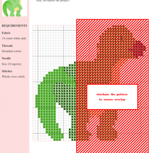Cross-stitch pattern of an Iguanodon dinosaur, featuring green and brown tones on white aida cloth. Clear instructions included.