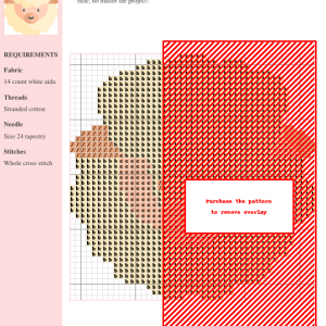 Cross-stitch pattern featuring an adorable sheep design with beige and brown shades on a white aida cloth. The pattern includes clear stitch instructions.
