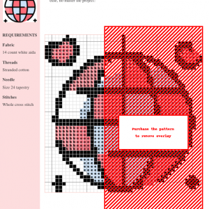 Cross stitch pattern of a disco ball featuring red, pink, and light blue threads on 14-count white aida fabric.