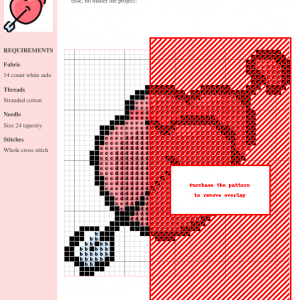 Cross stitch pattern featuring two overlapping hearts pierced by an arrow, in shades of pink and white.