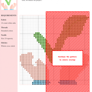 Cross stitch pattern featuring a vibrant design with vegetables, using shades of green, brown, and peach on white aida cloth. The design includes detailed vegetable motifs.