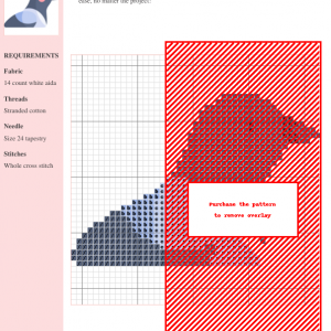 Image of a charming magpie cross stitch pattern, showcasing a simplified design with grey, light blue, and pink accents.