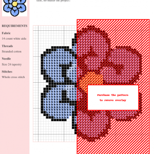 Image of a cross stitch pattern depicting a stylized blue forget-me-not flower with a yellow center.