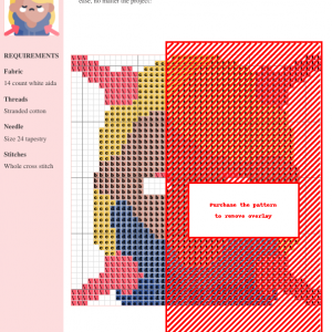 Cross stitch pattern featuring a cute cartoon girl with blonde hair, expressing stress or pressure. The design uses a limited color palette and simple shapes.
