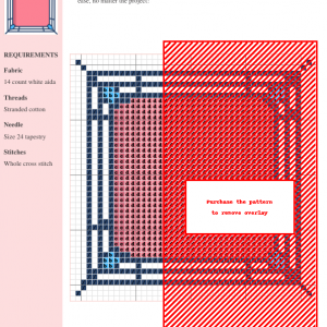 Image of a cross stitch pattern depicting a boxing ring, featuring a pink center and a blue and white rope design.