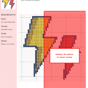 Cross stitch pattern featuring two stylized lightning bolts, one yellow and one red, perfect for adding a bold statement to your projects.