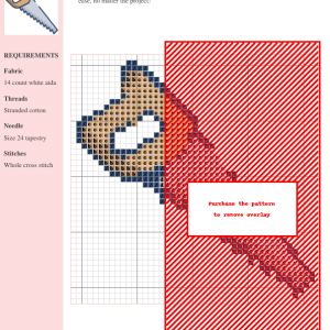 Image of a cross stitch pattern depicting a hand saw with a wooden handle and metallic blade. Perfect for woodworking or DIY themed crafts.