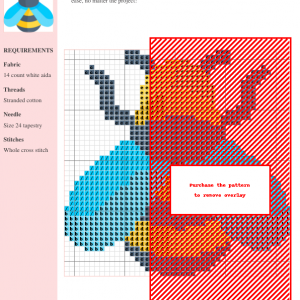 A charming cross stitch pattern featuring a bee with yellow and black stripes, blue wings, and antennae.