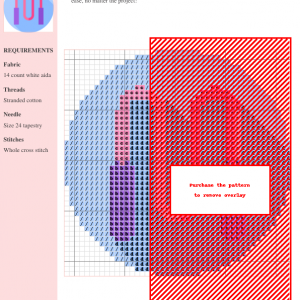 Cross stitch pattern depicting a pink and purple skipping rope on a light blue background.
