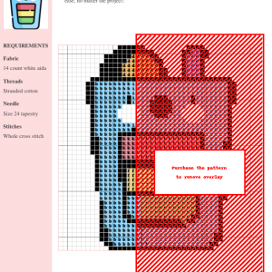 Cross stitch pattern of a charming cartoon cocktail with layered colors and an orange slice garnish.