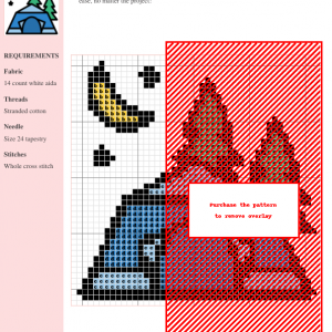 Cross stitch pattern depicting a blue tent nestled among green pine trees under a crescent moon and stars.