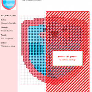 Image of a cross stitch pattern depicting a cute, smiling shield with light blue and white horizontal stripes and a coral red border.