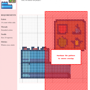 Cross stitch pattern featuring a stack of toy blocks and a shape sorter board with a square, triangle, circle, and star.