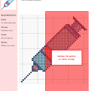Cross stitch pattern of a syringe, featuring a light blue barrel, red plunger, and dark blue needle cap. Suitable for medical professionals, or those with an interest in modern or unique cross-stitch projects.