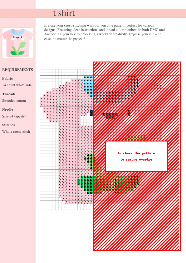 Cross stitch pattern of a pink t-shirt with a smiling face and a small green plant design.
