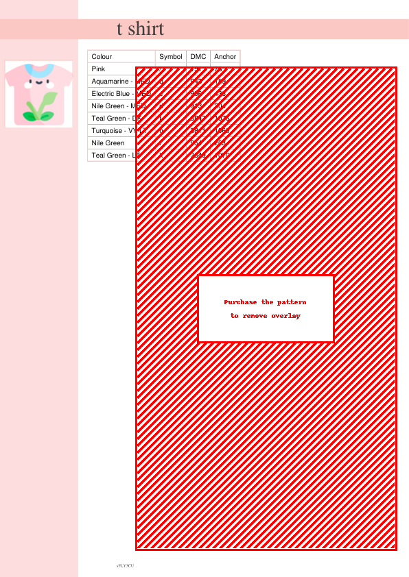 Cross stitch pattern depicting a pink t-shirt with a smiling face and a small green plant design.