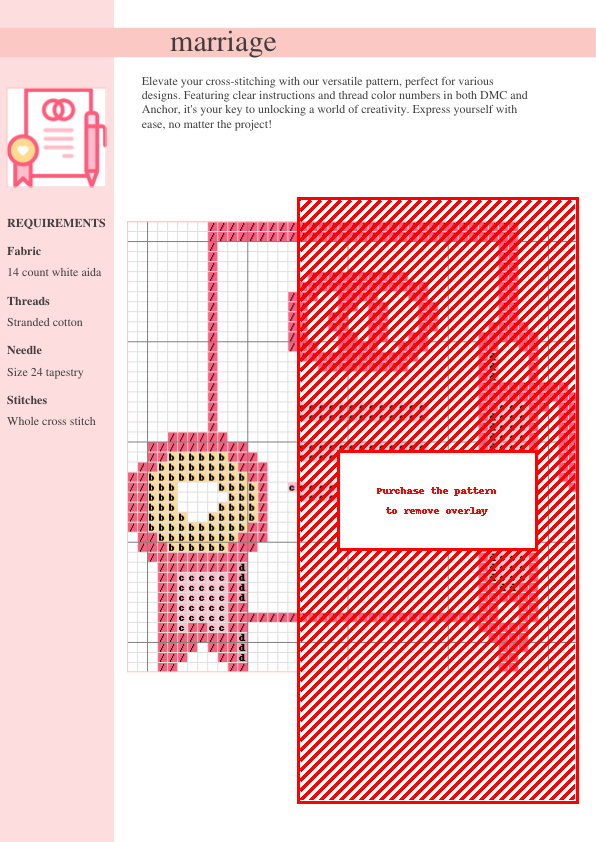 Image of a cross stitch pattern depicting a marriage certificate with rings, a pen, and a heart-shaped seal.
