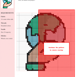 Image of a cross stitch pattern depicting a hand gently holding a smiling cartoon Earth. The design features teal, green, and light blue colors.