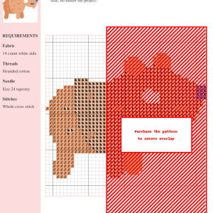 Image of a charming capybara cross stitch pattern. The design features a cute capybara in shades of orange and brown, with a small blue detail on its nose.