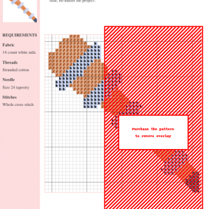 Cross stitch pattern depicting a trembita, a traditional long Ukrainian horn, in orange and light blue.