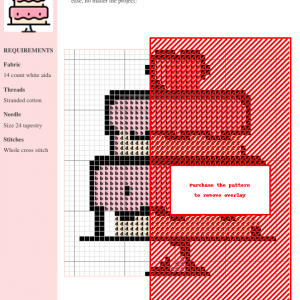 Image of a charming two-tiered wedding cake cross stitch pattern, featuring pink frosting, a heart-shaped cherry, and a simple cake stand.