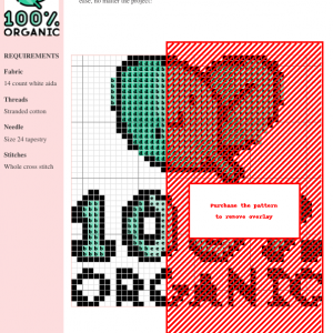 Image of a cross stitch pattern featuring two stylized teal leaves with a '100% Organic' text element.