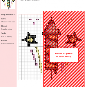 Cross stitch pattern design of a firework rocket with stars and trails, in pastel yellow, green, and pink.