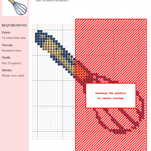 Cross stitch pattern of a whisk, featuring a wooden handle and blue metal wires. A charming kitchen-themed design.