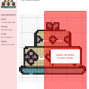 Image of a cross-stitch pattern depicting a charming two-tiered cake decorated with pink flowers and dots.