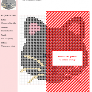 Image of a charming cross stitch pattern depicting the head of a gray British Longhair cat with pink ears and creamy whiskers.