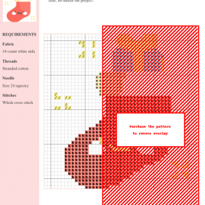 Cross stitch pattern of a cute red Christmas stocking with a small gift on top. The stocking has a smiling face.