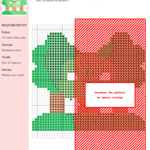 Cross stitch pattern featuring a whimsical smiling tree surrounded by two other trees, set against a simple green ground. Perfect for beginners.