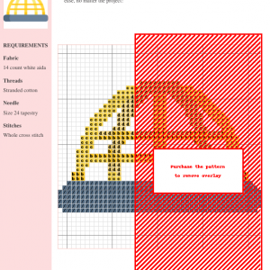 Cross stitch pattern depicting a charming yellow birdcage with a gray base.