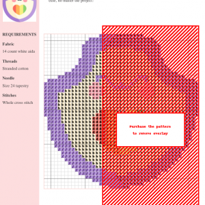 Image of a cross-stitch pattern featuring a cute, kawaii-style shield with a rainbow heart.